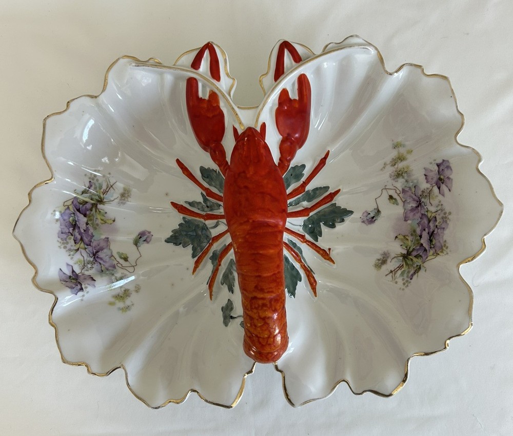 Antique German porcelain lobster serving dish Floral Carl Tielsch Altwasser