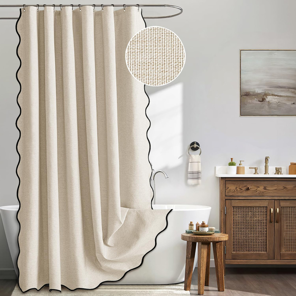 Beige Scalloped Shower Curtain Linen Textured with 12 Metal Hooks Cute Heavy Dut