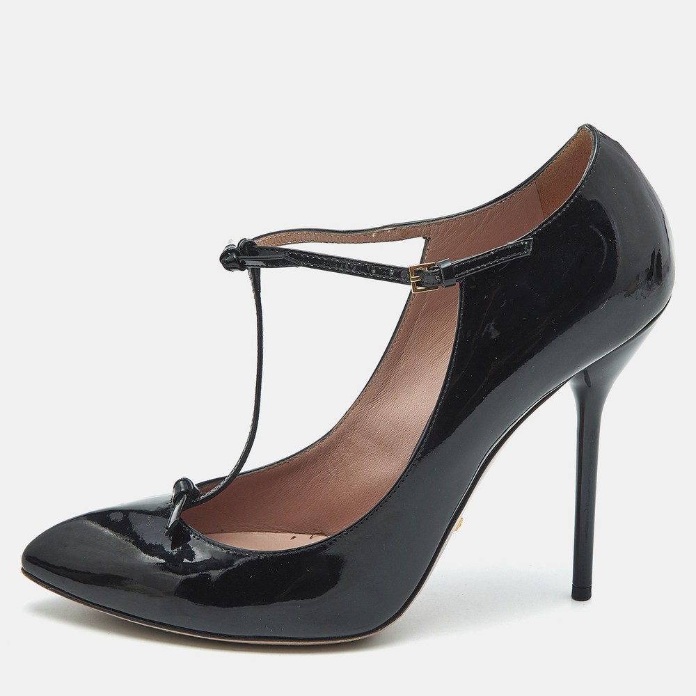 Gucci Black Patent Leather Beverly T-Strap Pumps Size 40 EU