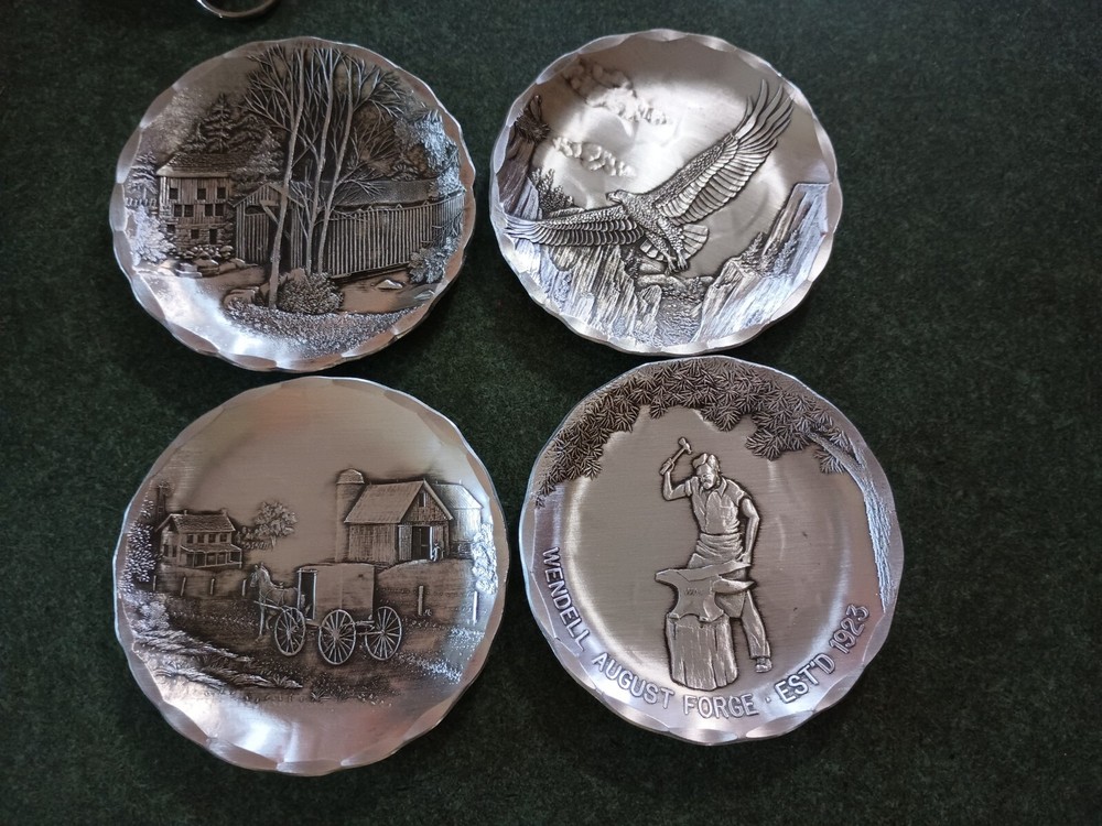 Vtg Wendell August Forge 4 Piece Coaster Set Covered Bridge, Eagle, Buggy, 3.5