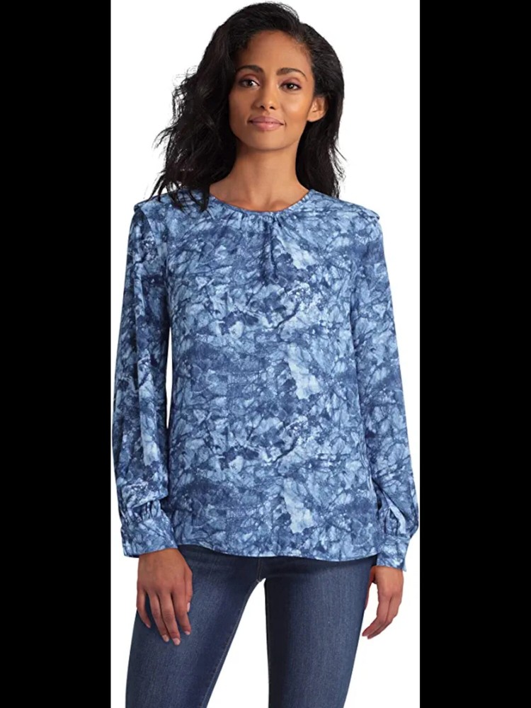 HALSTON Womens Blue Back Curved Hem Cuffed Sleeve Wear To Work Blouse M
