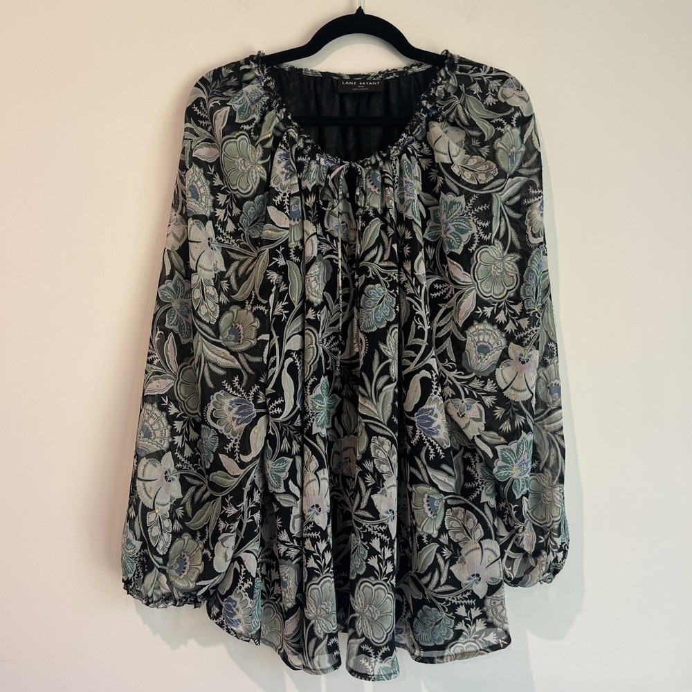 Lane Bryant Floral Chiffon Peasant Blouse 18/20 Sheer Boho Long Sleeve Black