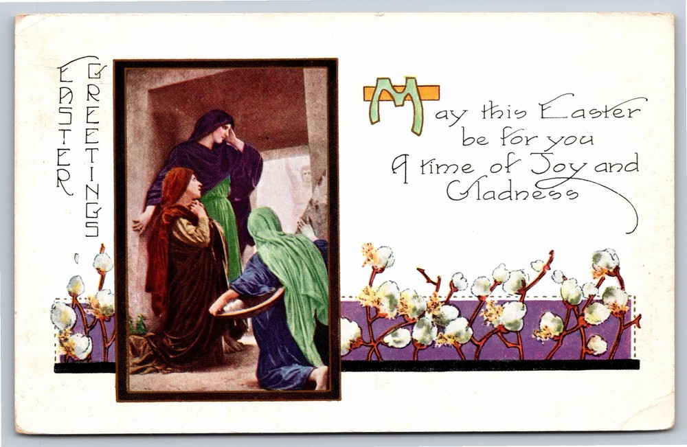 Easter Greetings~Women Outside Jesus Tomb Scene~PM 1927~Whitney Vintage Postcard