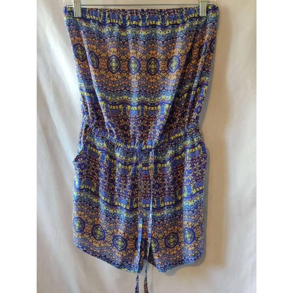 Forever 21 Strapless Tube Top Drawstring Waist Pockets Floral Blue Womens Size S