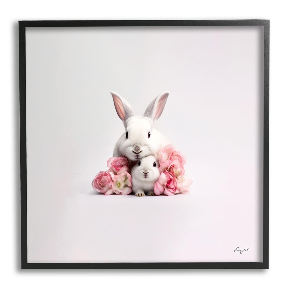 Bunnies with Pink Peonies Framed Giclee Art by Roozbeh