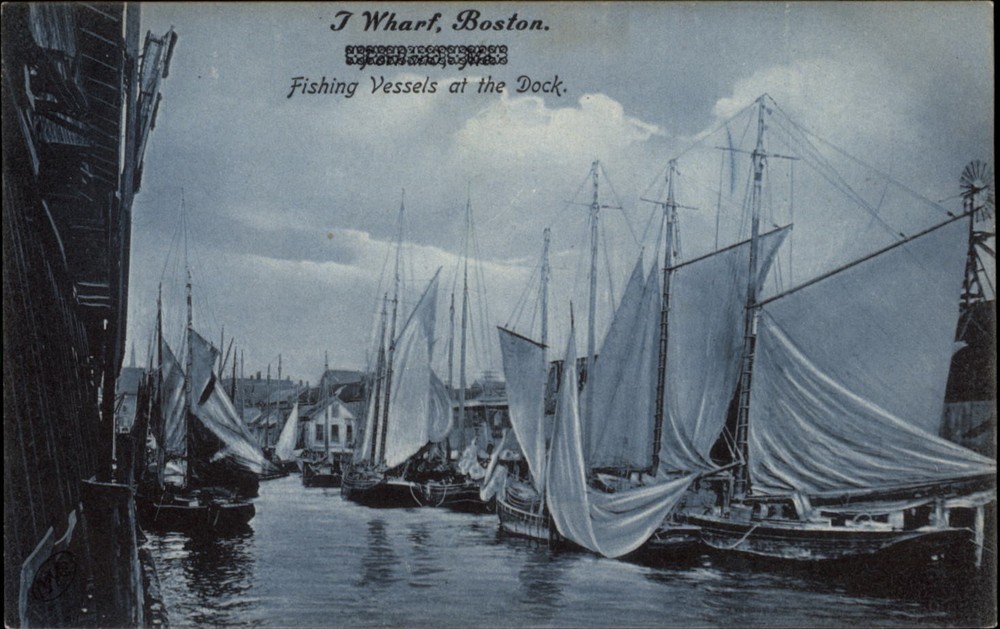 T Wharf Boston fishing vessels vintage postcard s536