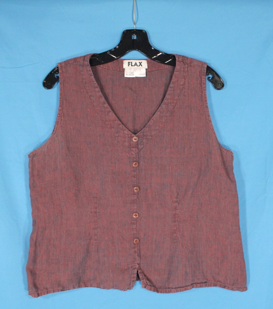 FLAX Brown MIDWEIGHT LINEN Lagenlook SLEEVELESS Button-Up V-NECK Blouse/Top Sz M