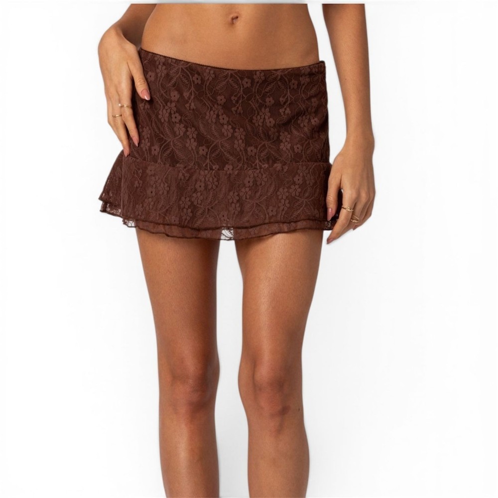 Edikted Brown Lace Mini Skirt XS Low Rise Lined Y2K Sexy