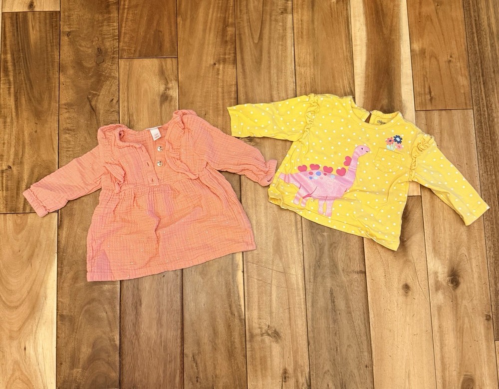 Baby Girl Long Sleeve Shirts Size 6-9 Months Pink And Yellow, Ruffles, Dinosaur