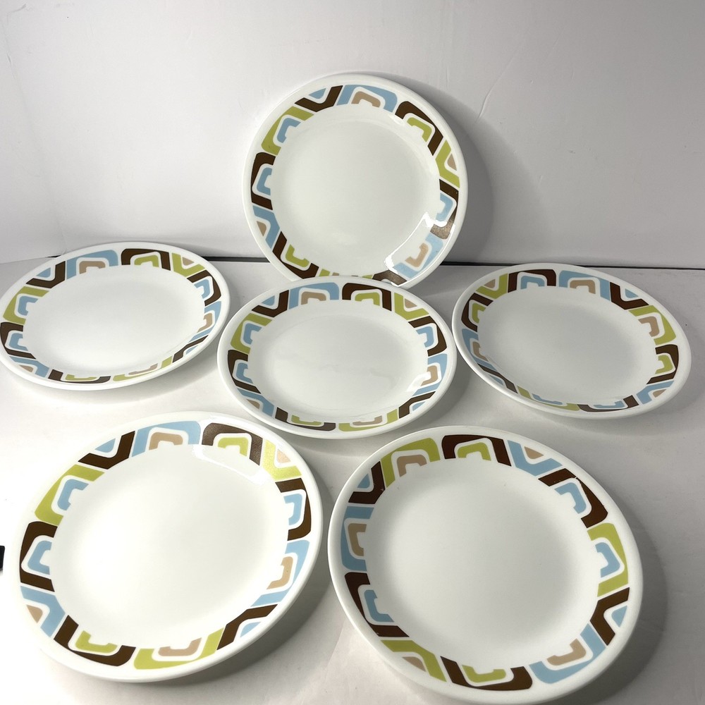 Corelle Bread Plates Geometric SQUARED Pattern SET of 6 Brown Blue Green 6 3/4