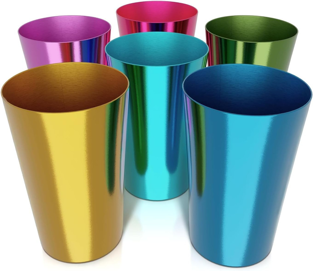 Retro Style Aluminum Cups 15 Oz Set of 6 - Metal Tumblers for Cold Drinks, Festi