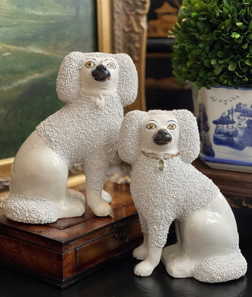 Superb Rare XLarge 19C White English Staffordshire Spaniel Mantle Dog Pair 8.25”