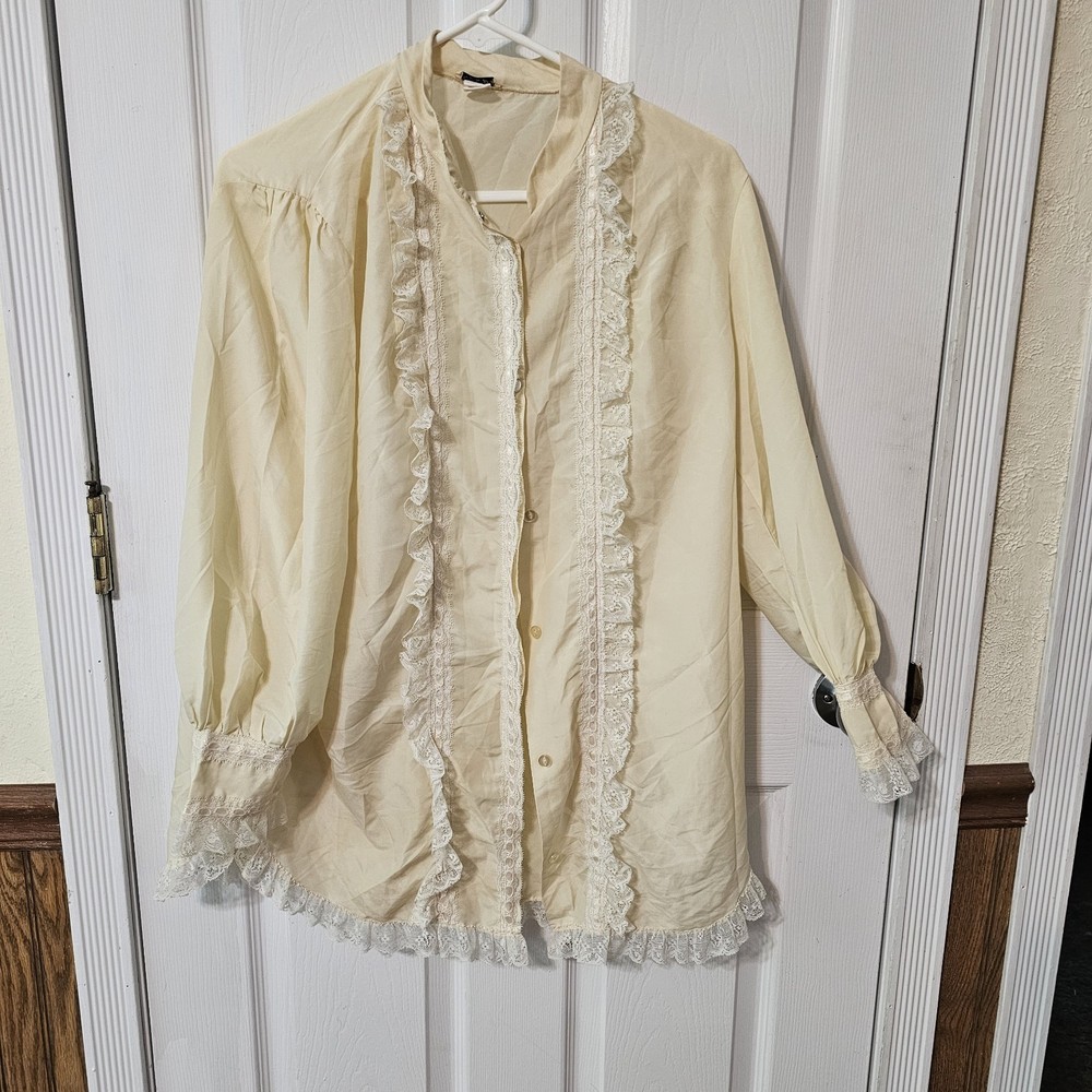 Christian Dior Blouse Long Sleeve Top Yellow Ivory Lace Trim Vintage Sz M USA