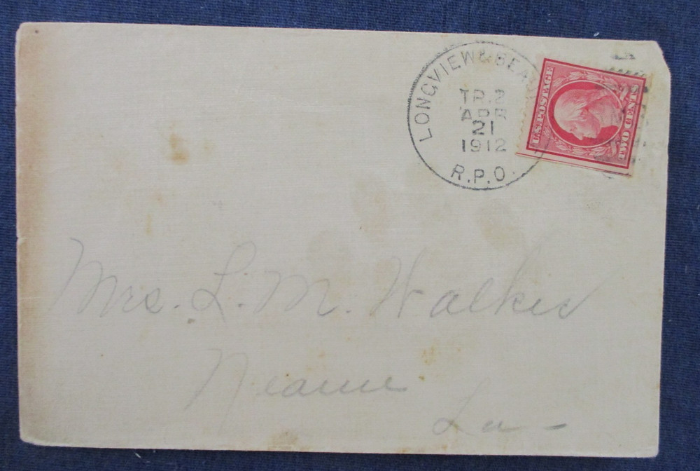 1912 Texas Longview & Beaumont RPO Cancel on Cover