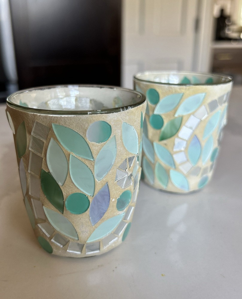PartyLite Vine Mosaic Votive Candle Holders Set of 2 Aqua Blue Green Glass Tiles