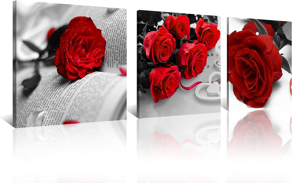 3 Pcs Black White with Red Wall Art Red Rose Wall Decor Abstract Decorations Flo-image