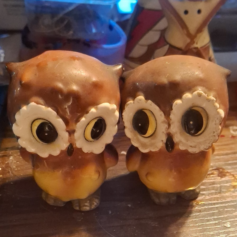 Owl Shaped Ceramic Salt & Pepper Shakers Brown Yellow Animal Theme Set