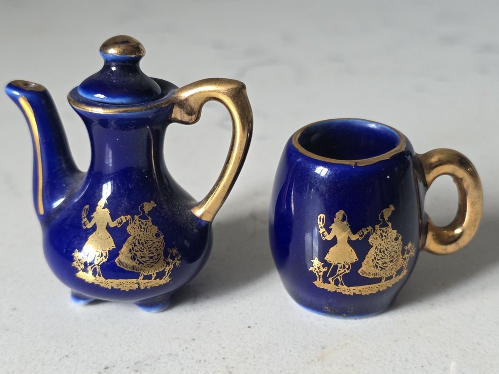 Vintage Miniature Tea Set Limoges-Style Porcelain Cobalt Blue & Gold 2 Pieces