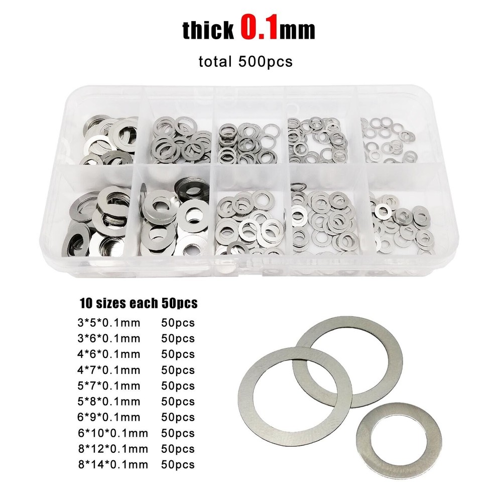 500pcs M3-M8 304 A2 Stainless Steel Ultra Thin Flat Washer Shim Kit Set