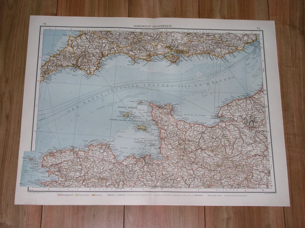 1912 Antique Map Of Normandy Normandie Brittany Bretagne English Channel France