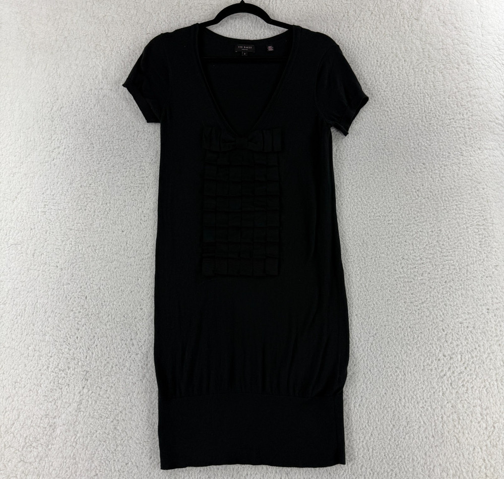 Ted Baker Bow Tie Dress Womens Small Black Knit Cotton Short Sleeve Mini Dress