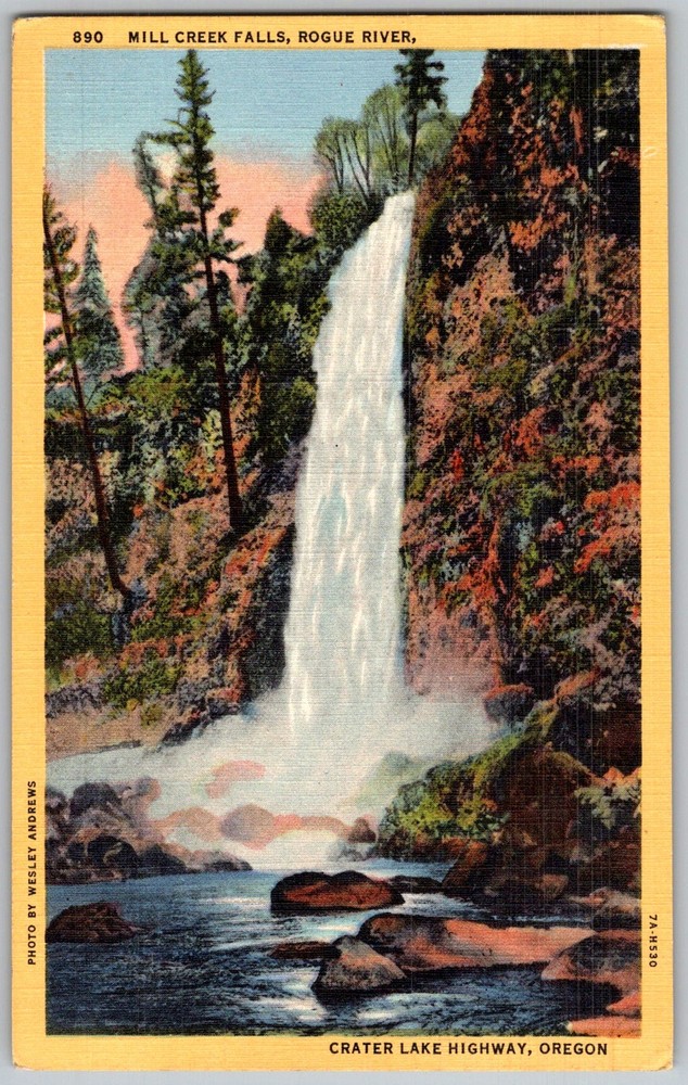 Vtg Linen Postcard Mill Creek Falls Rogue River, OR 1930s