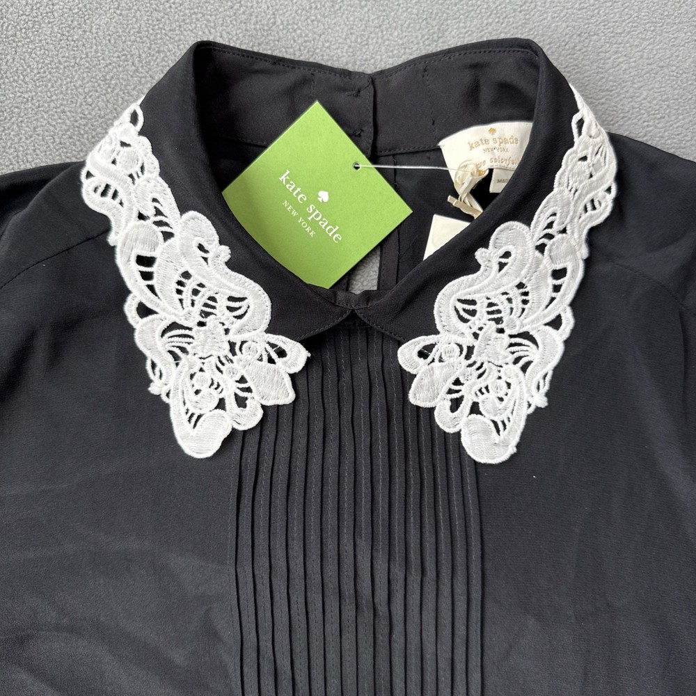Kate Spade Blouse Womens Small Black Lace Collar Silk Tuxedo Pleat Front Bow NWT