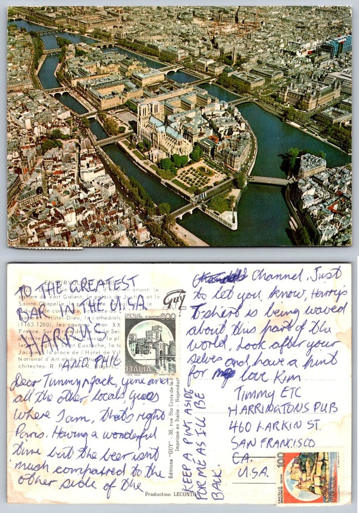 Vintage Paris France Postcard Notre Dame Cathedral Aerial View Posted 1970s