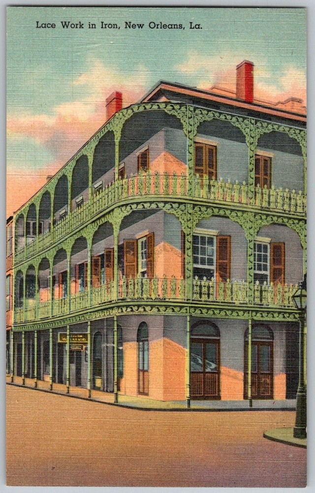 Vtg Linen Postcard Lacework Iron Balcony New Orleans, LA 1930s