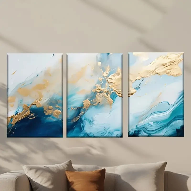 3pcs Abstract Golden and Blue Painting Wall Art Canvas Unframed/Framed