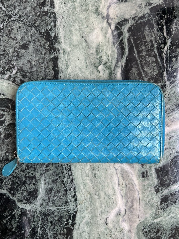 Bottega Veneta Intrecciato Leather Zip-Around Long Wallet, Turquoise Blue