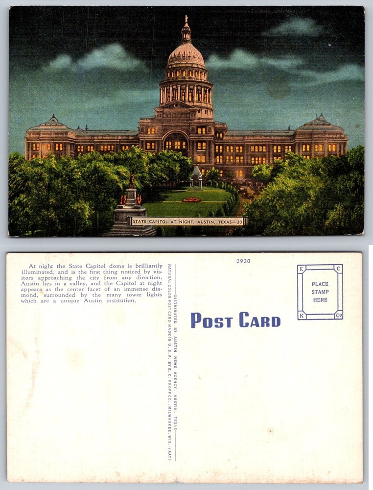 Vintage Texas State Capitol at Night Postcard Austin Linen Era