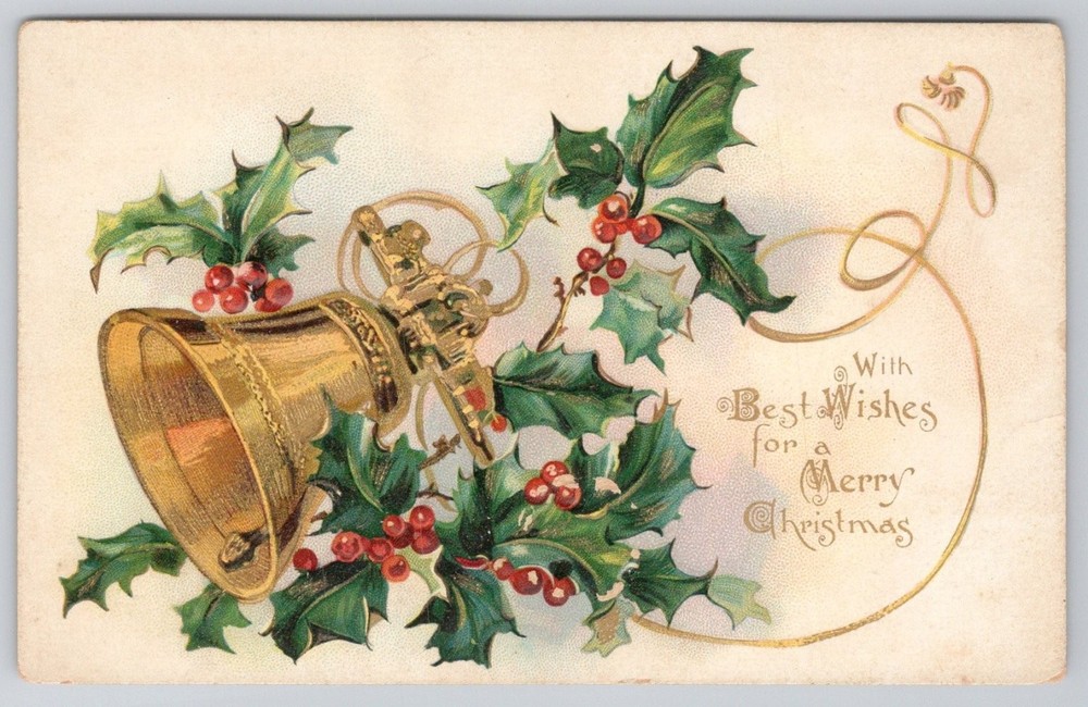 Raphael Tuck Holly Christmas Bell Embossed Postcard Edwardian Era