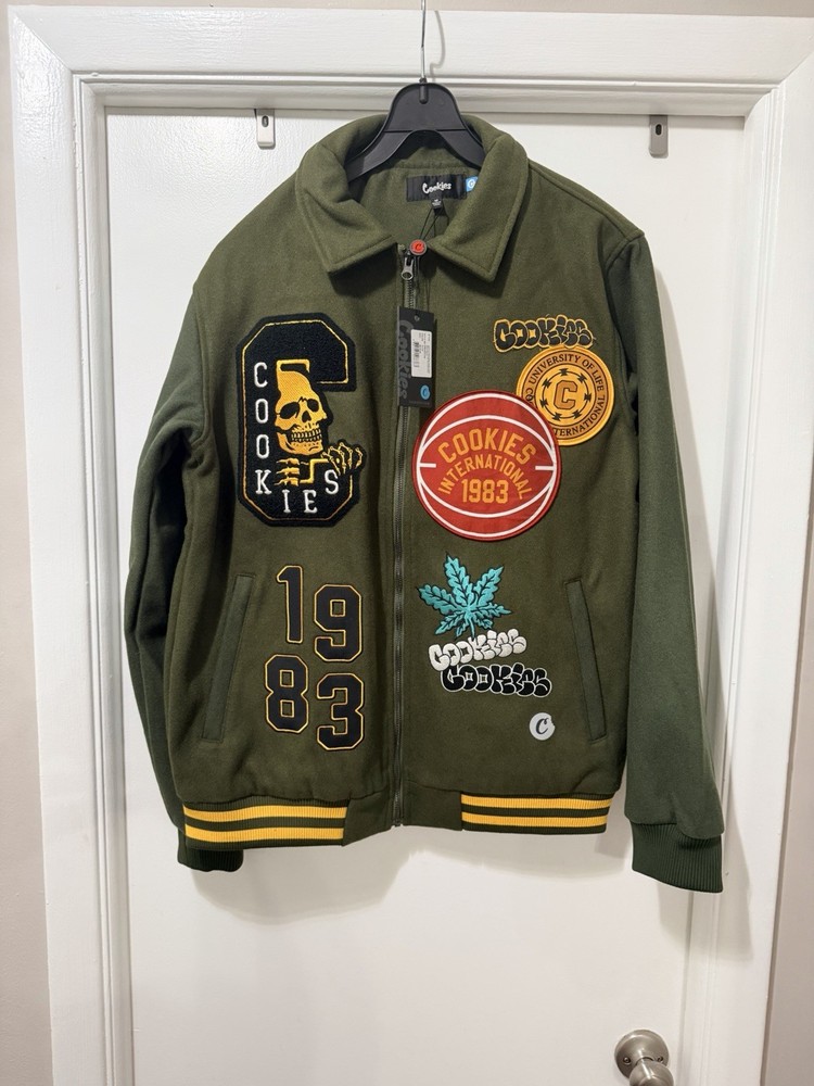 Cookies Varsity Jacket Olive Medium Heavyweight Embroidered Logo Patch MSRP $199