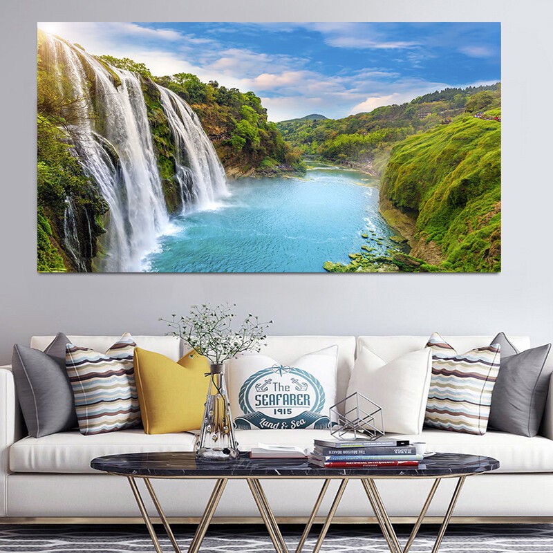 Waterfall View Landscape Mural Canvas Painting Wall Art Print Lake Forest Poster