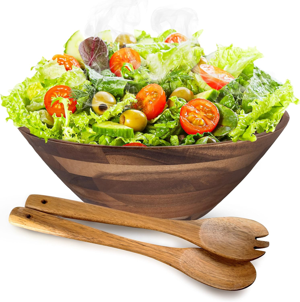 Acacia Salad Bowl and Serving Utensil Set - Large Wooden Salad Bowl with Serving-image