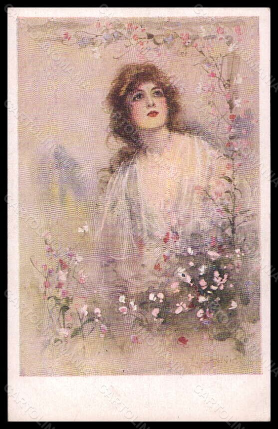 Artist Signed Illustratori L. Ogilvie Lady Flowers PIN HOLE postcard VK6078