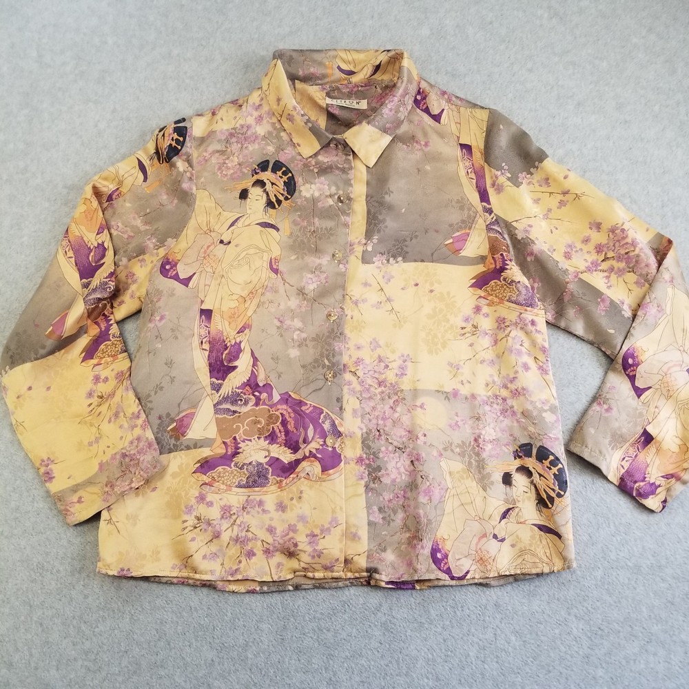 Citron Shirt Womens Large Geisha Floral Print Silk Vintage Asian Style Japanese