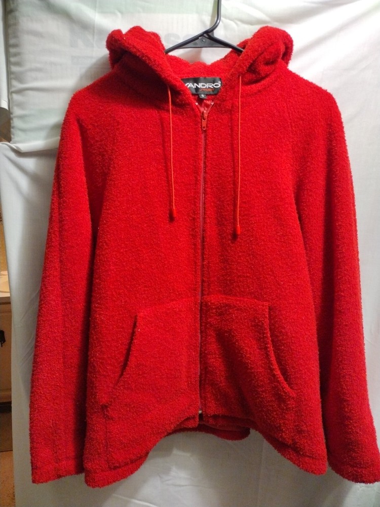 Vtg- Sandro Sport Hooded Jacket Red Chunky Knit Full Zip 90's Y2k Women's Small
