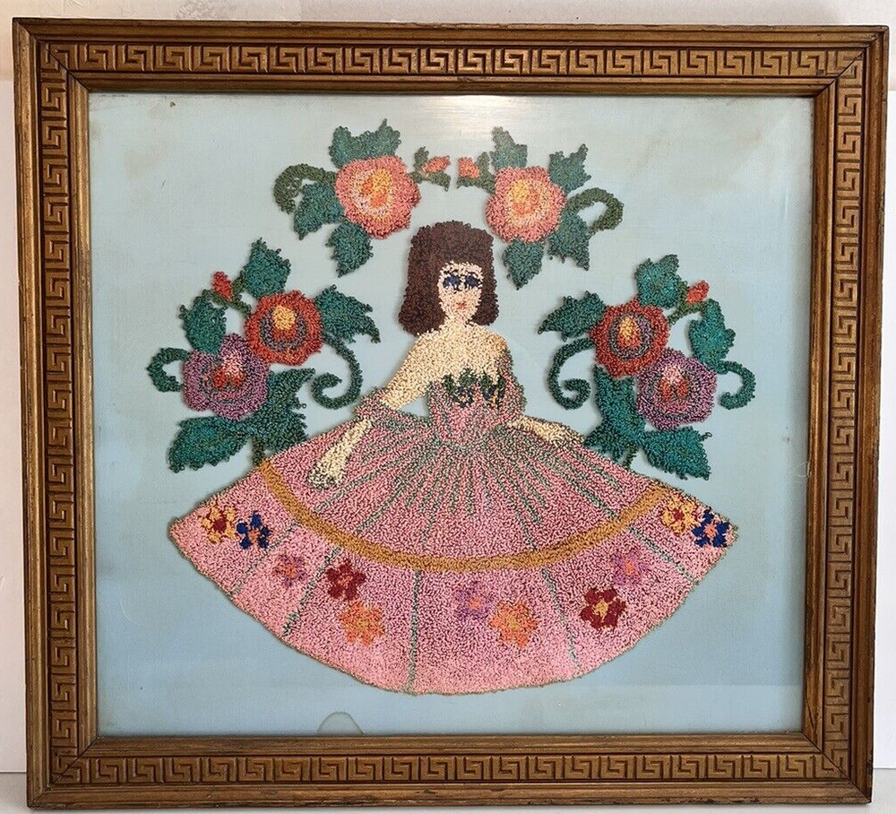Vtg Punch Needle Art on Satin Greek Key Wood Frame with Glass Woman/Floral 21x24