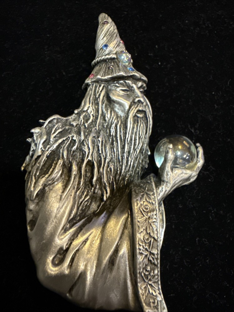 Unique Vintage Wizard Pin JJ Jonette Crystal Ball Merlin Large Pewter Brooch