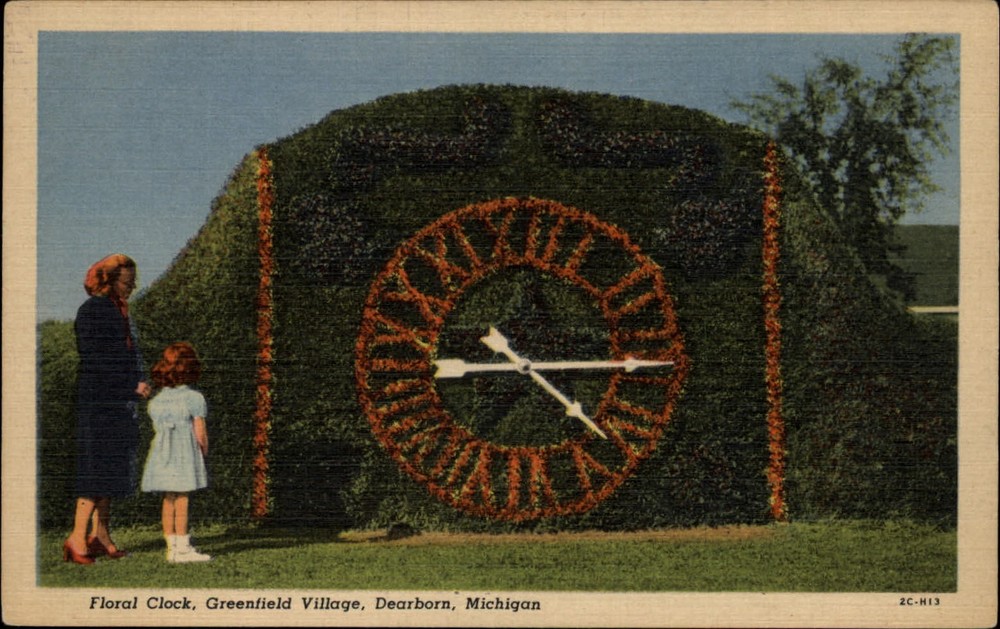 Michigan Dearborn Floral Clock Greenfield Village ~ 1930s linen postcard ~ s9859
