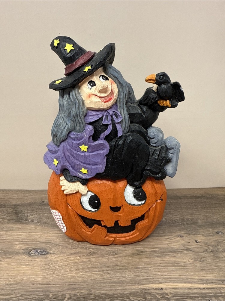 Witch Sitting Jack o'Lantern Pumpkin Halloween Resin Figurine. 8”