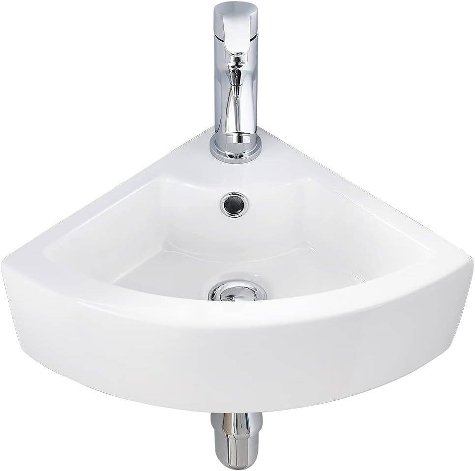 Small Corner Bathroom Sink Wall Mount White Triangle Porcelain Ceramic above Cou