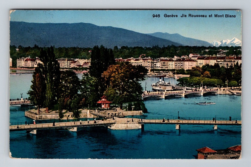 Switzerland- Geneva Island Park Mount Blano Postal Old PC Vintage c1930 Postcard