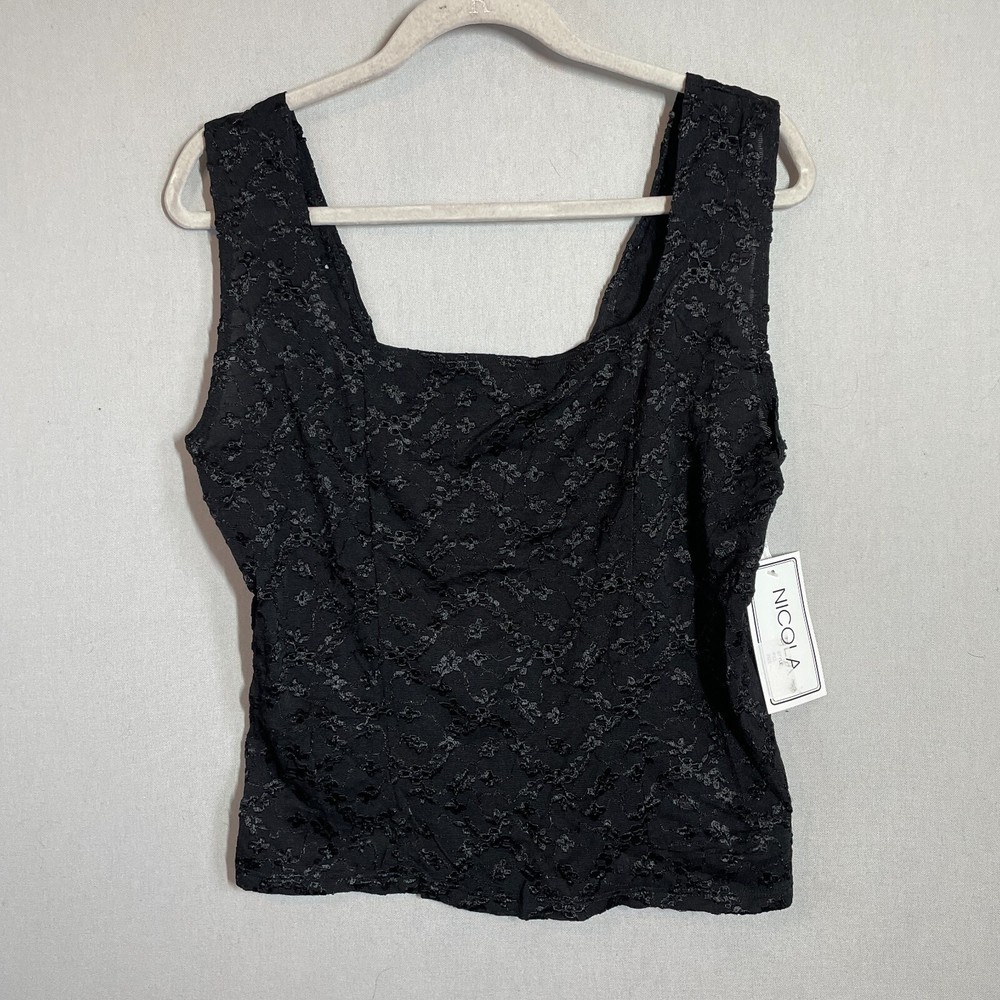 Y2K Top Women XL Black Scoop Neck Tank Embroidered Eyelet Floral Blouse NEW