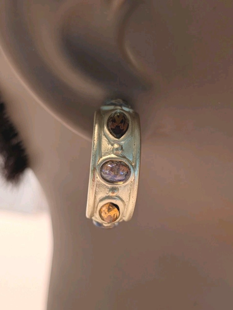 Vintage Multicolor Rhinestone Half Hoop Matte Goldtone Clip-on Earrings