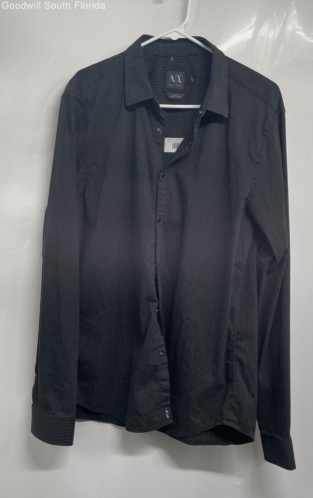 Armani Exchange Mens Black Striped Slim Fit Long Sleeve Button-Up Shirt Size L