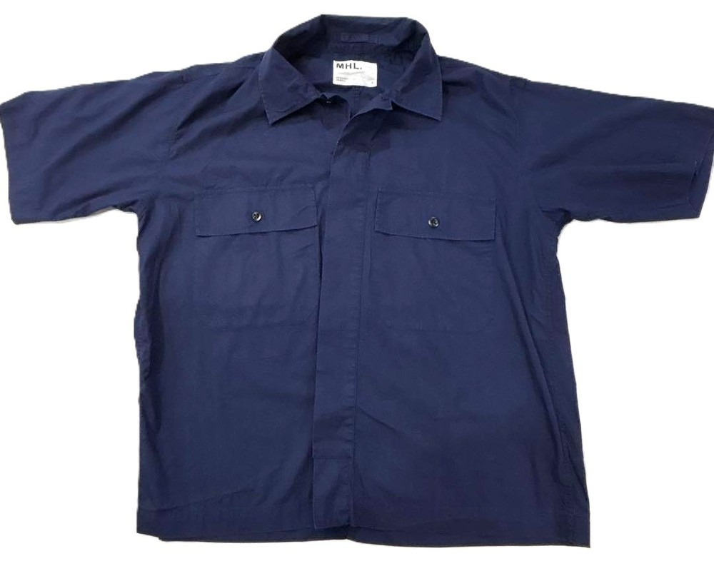 MHL. MARGARET HOWEL Short Sleeve Boxy Shirt Made in Japan Navy 100% Cotton SzL