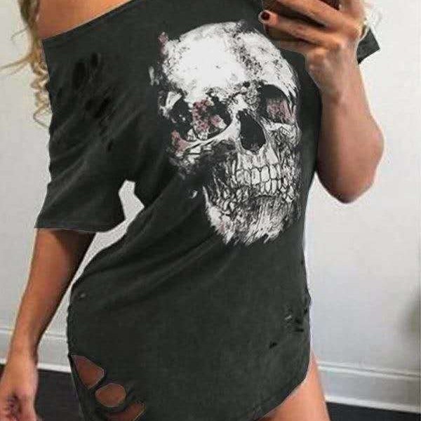 Sexy Autumn Loose Distressed Skull Printed Pull Over Graphic T-shirt,  S-XXL